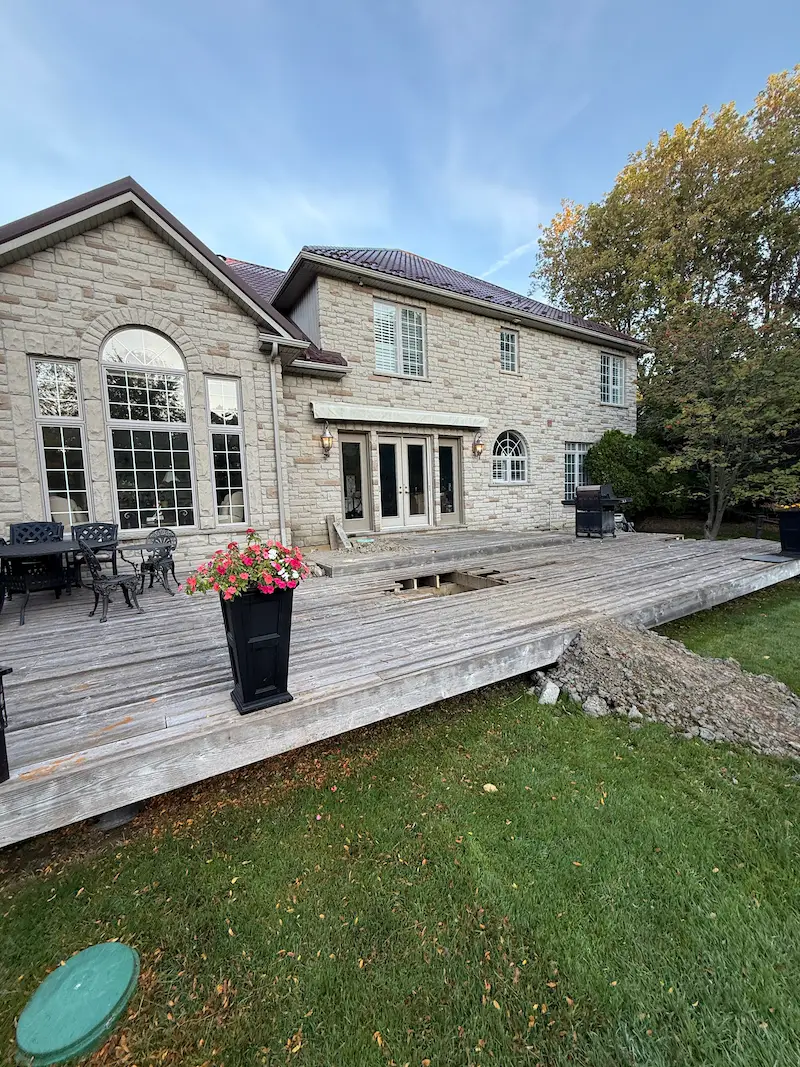 Weathered wood deck mid-repair by Aloe Decks, deck repair and refinish in Barrie, Ontario